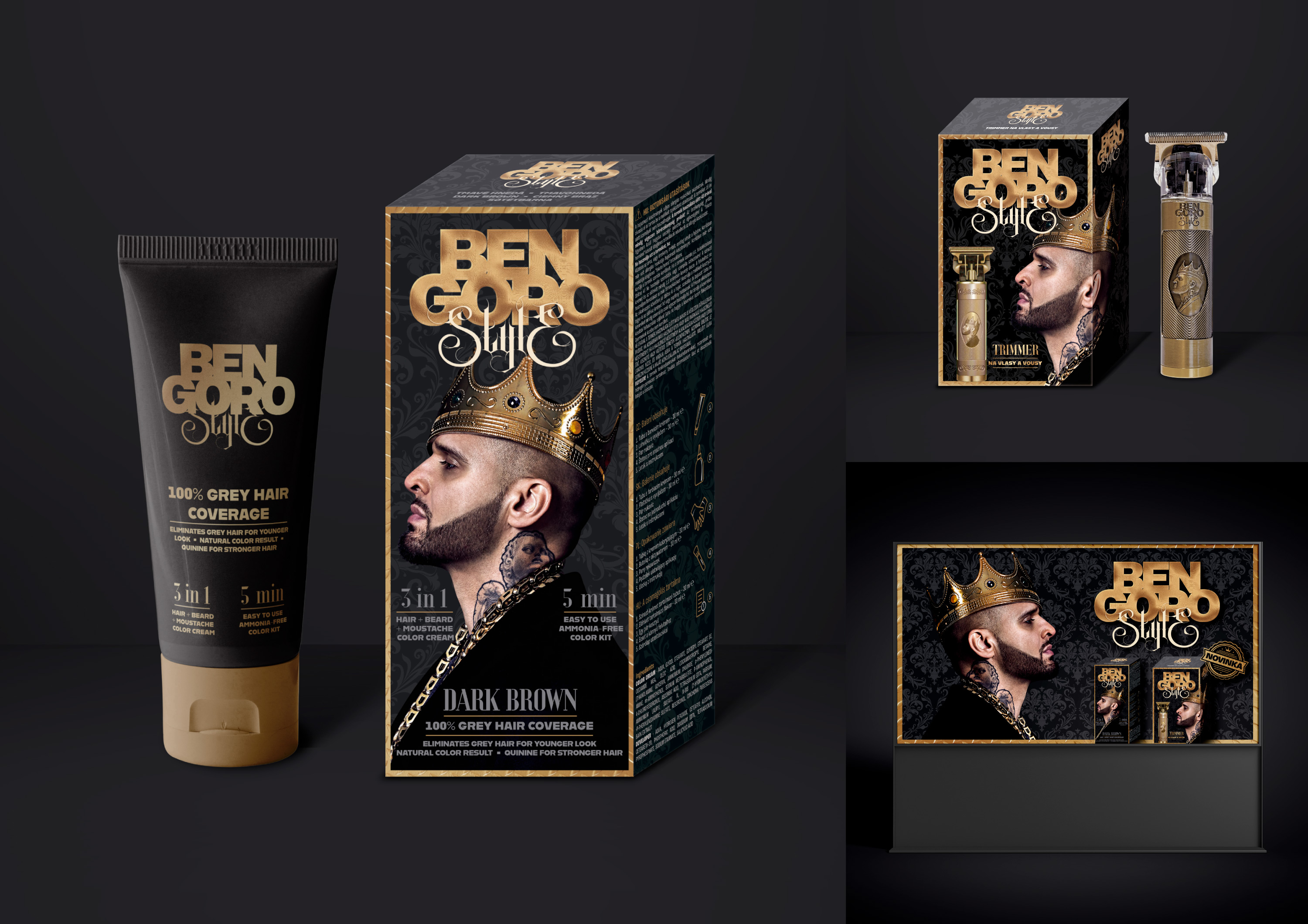 Ben Goro Style - obalový design tuba a krabička barvy na vlasy, krabička zastřihávače vousů, grafika do TV