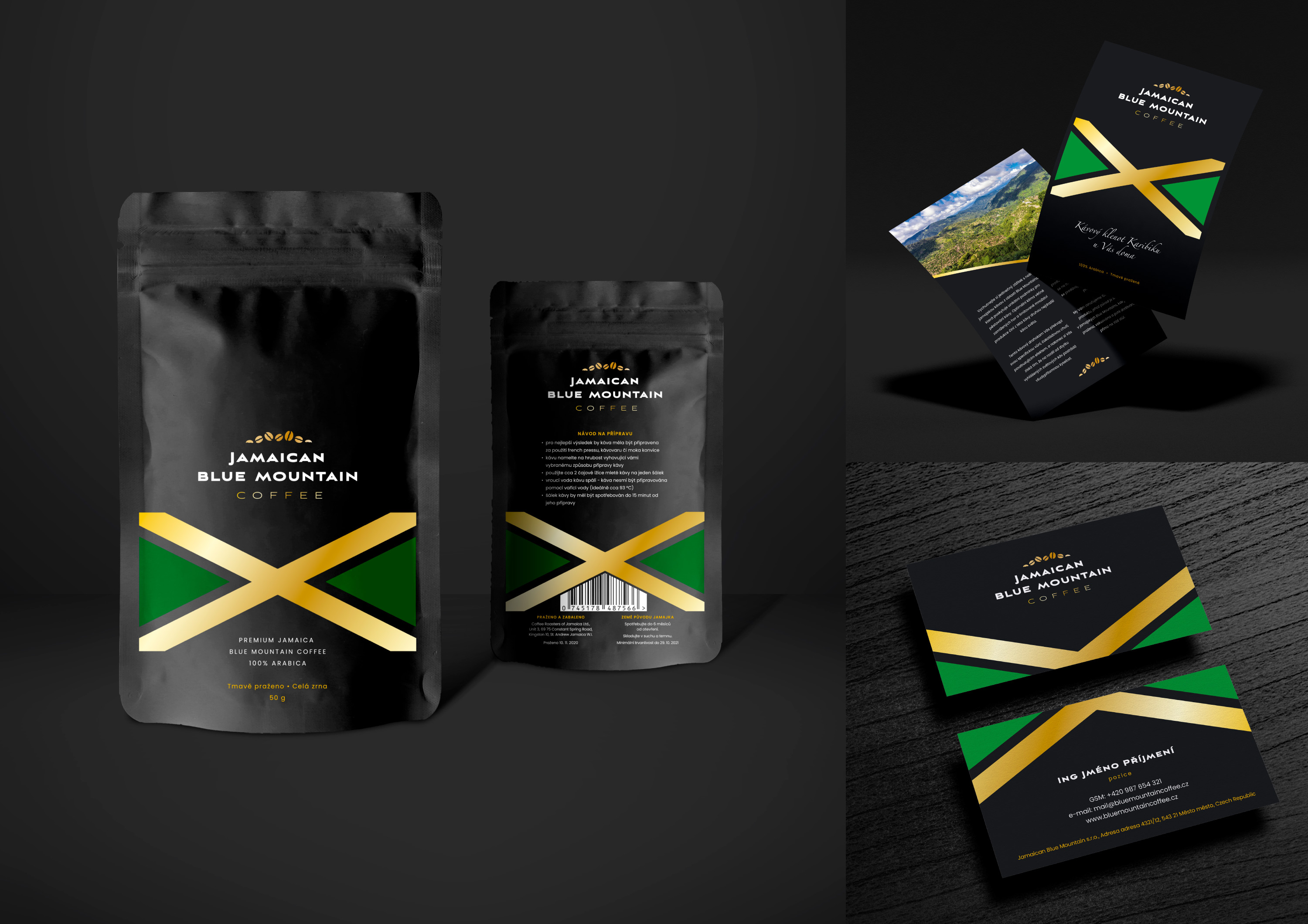 Jamaican Blue Mountain Coffee - grafický design obalu kávy, vizitky a letáku
