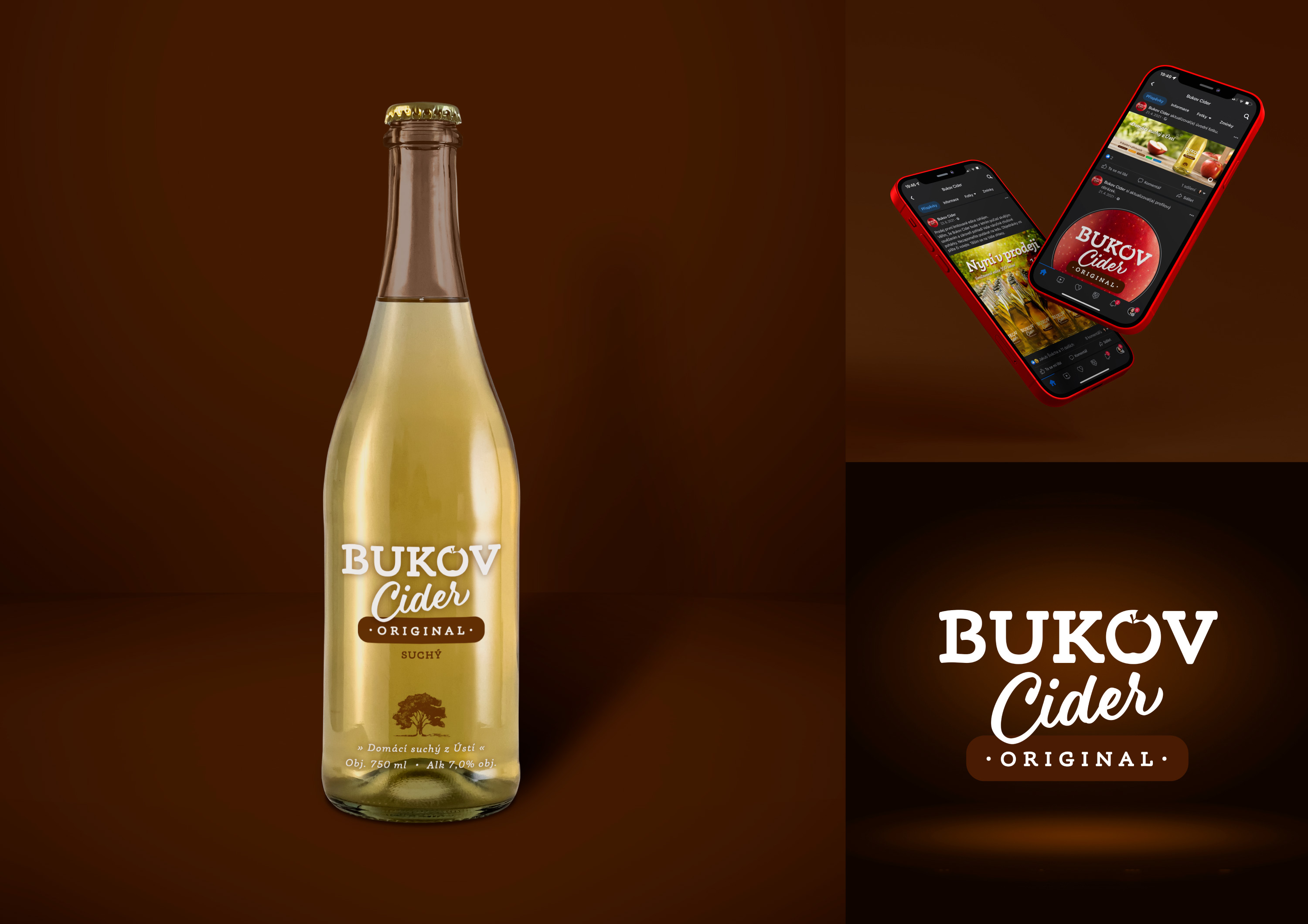 Bukov Cider Originál - etiketa cideru a vizuál na sociální sítě