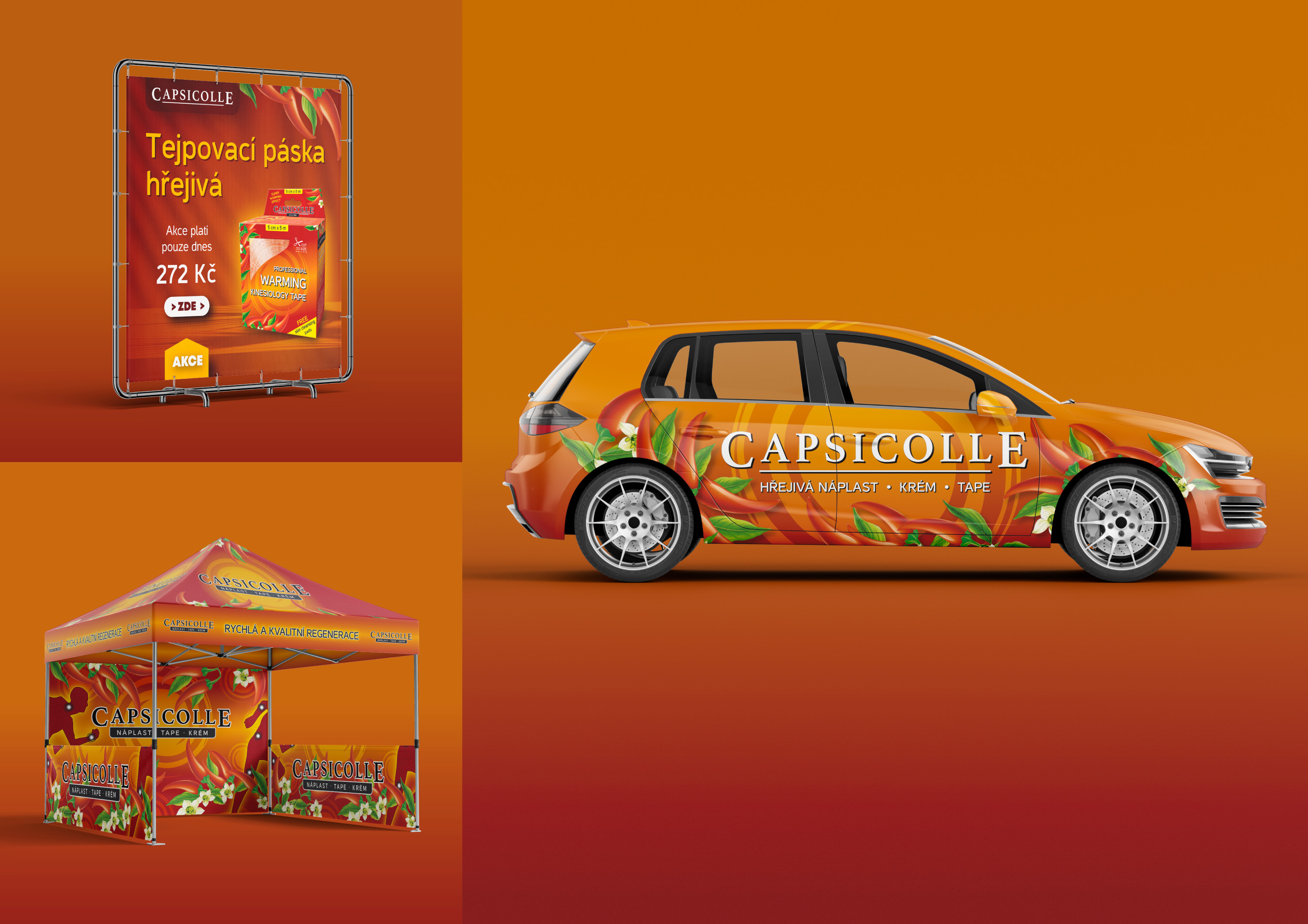 Capsicolle - grafický design polepu vozu, vizuál potisku výstavního stánku, reklamní banner - 08/2023