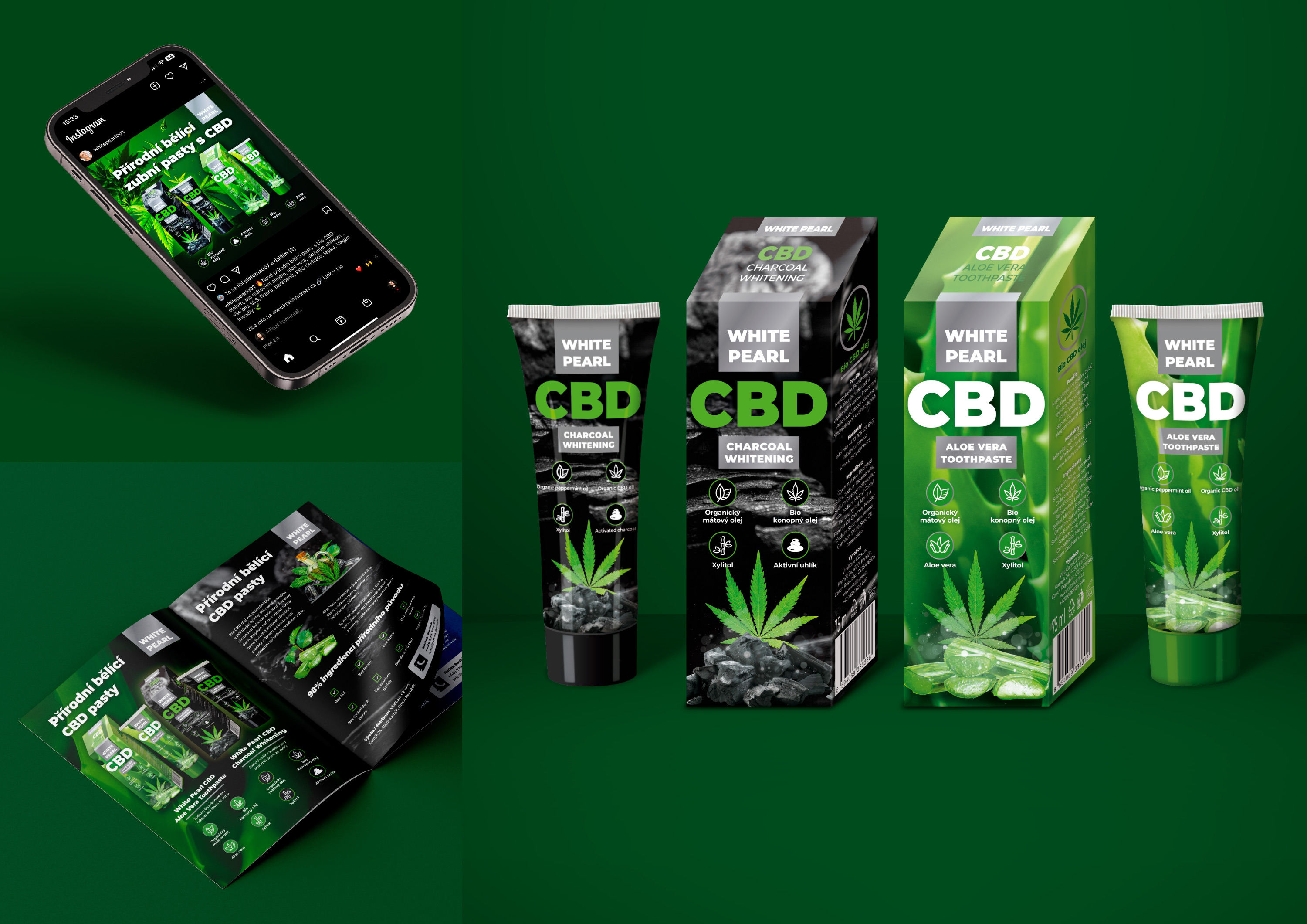 Bělící zubní pasty CBD - grafický design obalu a tuby, katalogového listu a kampaně na sociální sítě - 11/2022