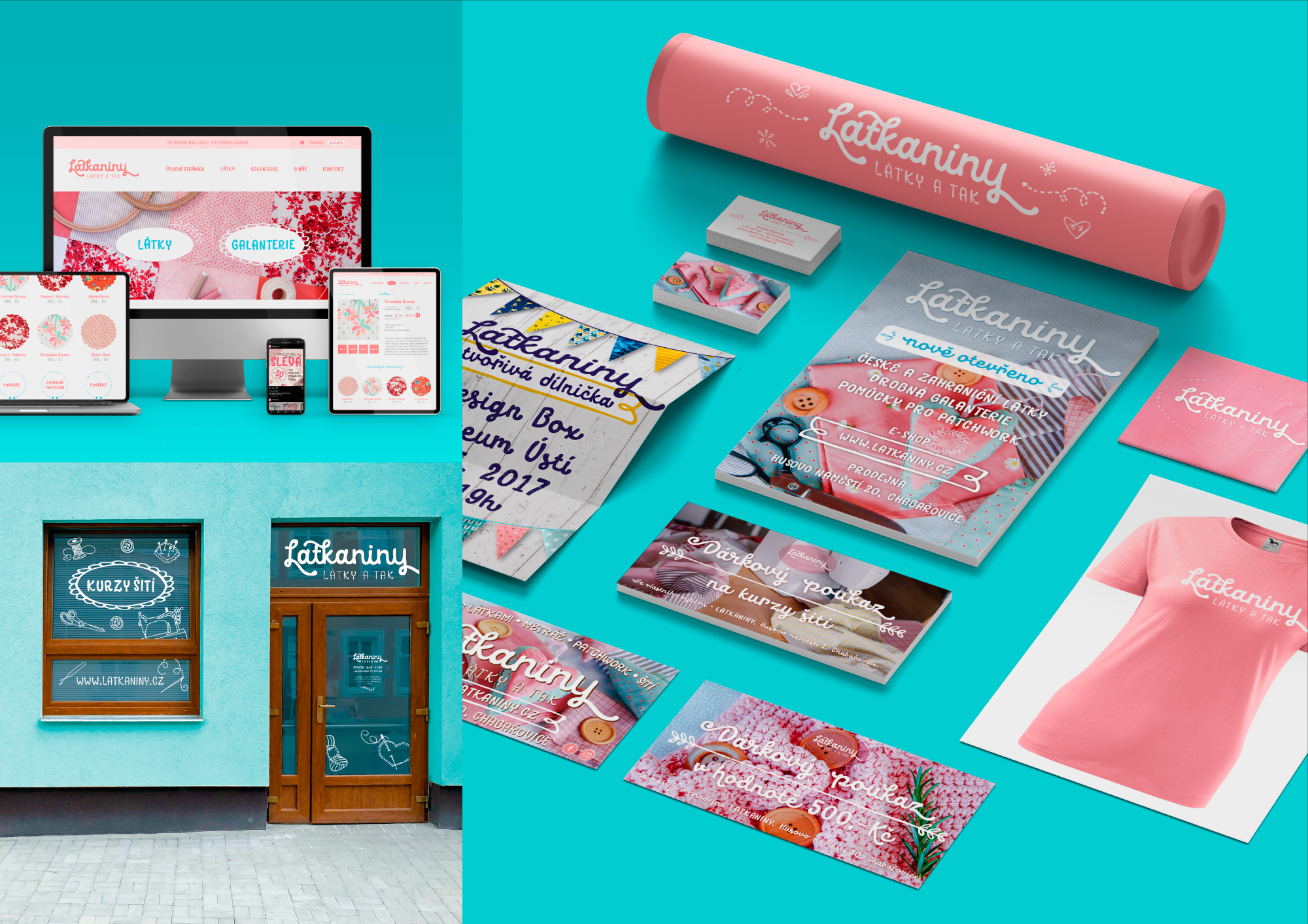 Látkaniny - vizuální styl, firemní identita, design webové stránky, grafika polepu výloh prodejny, trička, letáky, plakáty - 06/2017
