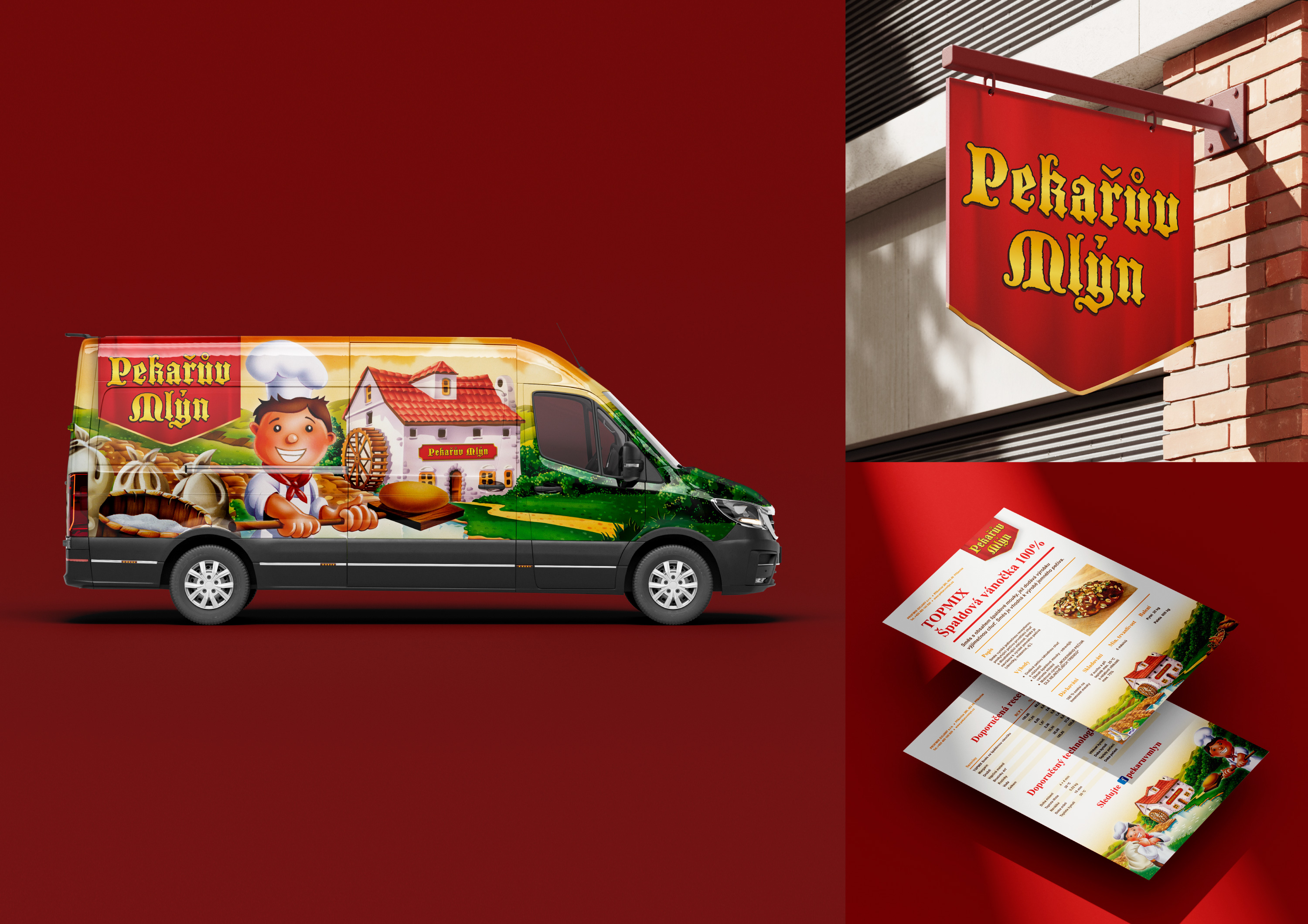Pekařův mlýn - grafický design polepu vozu, tvorba loga a firemní identity, vizuály produktových listů - 07/2020