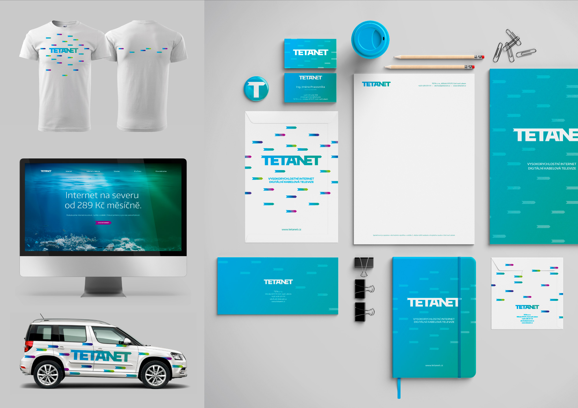 Tetanet - vizuální styl, firemní identita, design triček, webové stránky, polep vozu - 09/2017